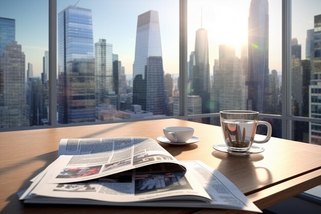 Foto un escritorio de oficina con una taza caliente de café y periódico en la mesa en la oficina con vistas a la nueva