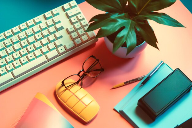 Escritorio de oficina con teclado y planta