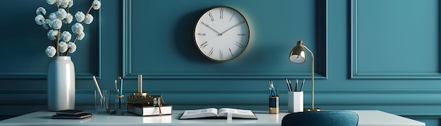 Un escritorio organizado con planificador y símbolo de reloj para una productividad eficiente en el lugar de trabajo