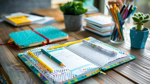 Foto un escritorio organizado con una variedad de cuadernos coloridos, lápices y una planta