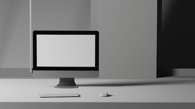 Escritorio con pantalla en blanco aislada sobre fondo blanco cuerpo de aluminio blanco renderización 3D