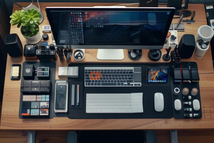 Foto con escritorio portátil y un montón de dibujos guía de organización del espacio de trabajo mejora la productividad optimizando el entorno