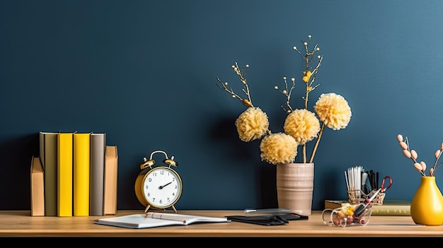 Un escritorio con un reloj en la configuración de la oficina en casa con una maqueta de fondo de pared azul