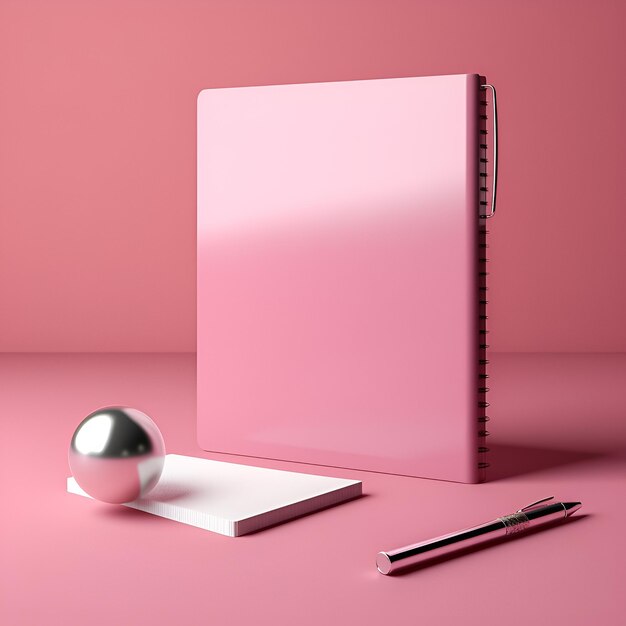 Foto un escritorio rosa con una bola plateada y un libro encima.