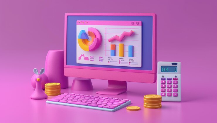 Foto escritorio rosado con gráficos, monedas y calculadora