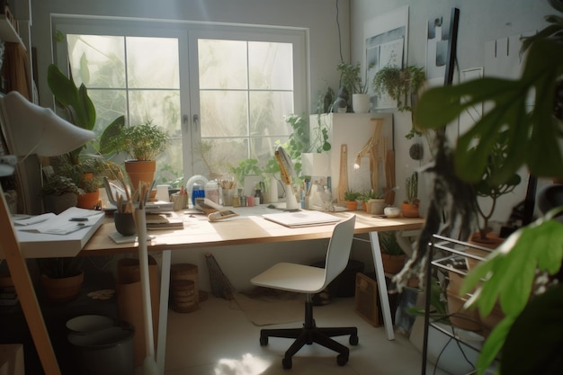 Un escritorio con una silla y una planta encima.
