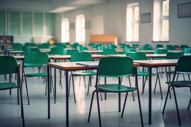 Escritorio y sillas en el aula.