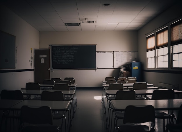 Escritorio y sillas en el aula.