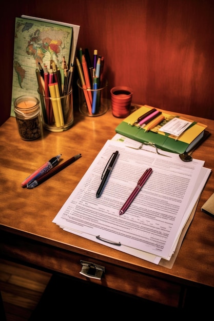 Foto un escritorio con solicitudes de empleo, currículum y bolígrafo creado con ia generativa