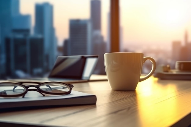 Un escritorio con una taza de café y un cuaderno en él