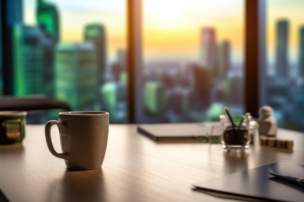 Un escritorio con una taza de café y un paisaje urbano en el fondo.