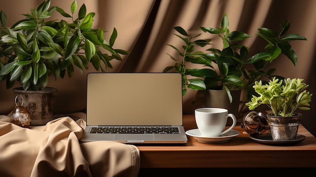 escritorio con un teclado de café portátil con un estilo de fondo marrón claro y beige