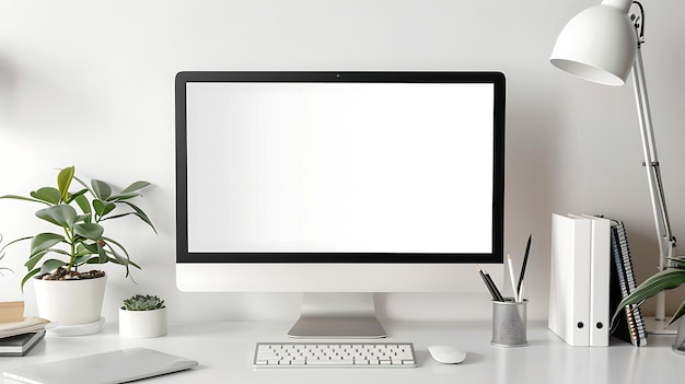 Un escritorio con un teclado de computadora un ratón una lámpara libros y plantas en él la computadora tiene una pantalla en blanco el escritorio está hecho de madera blanca