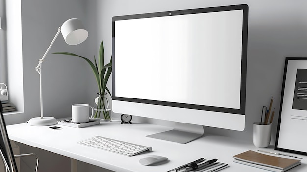 Un escritorio con un teclado de computadora, un ratón, una lámpara, una taza de café, libros, un vaso de reloj con plantas y un marco de imágenes. El escritorio tiene un color blanco.