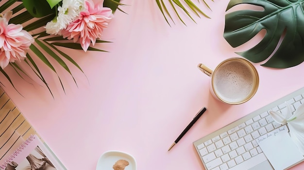 un escritorio con un teclado una taza y una flor en él