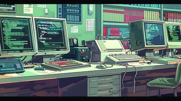 Escritorio de tecnología retro con monitor verde e ilustración de código