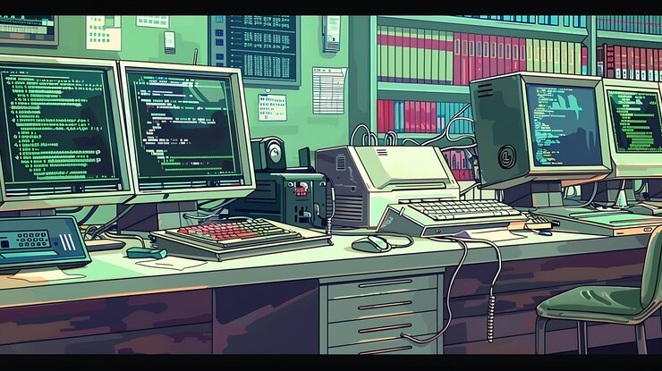 Foto escritorio de tecnología retro con monitor verde e ilustración de código