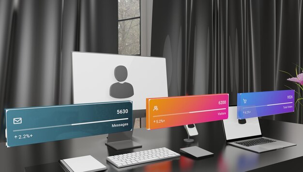 Escritorio de trabajo interactivo de convergencia digital con computadora portátil e icono de usuario con aplicación
