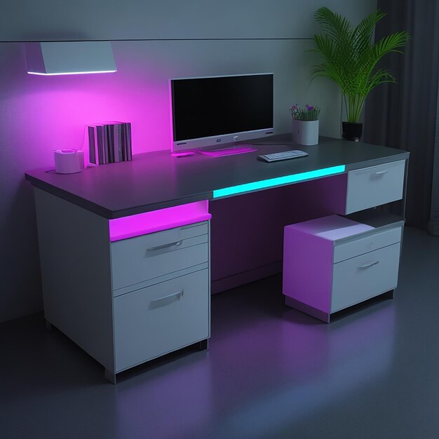 Escritorio de trabajo moderno con luz LED de color generada por IA