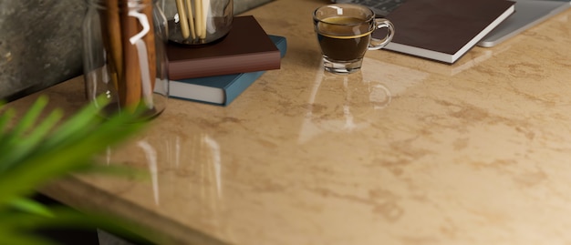 Escritorio de trabajo de primer plano con espacio de copia en la mesa de mármol con representación 3d de estilo clásico de tinte marrón