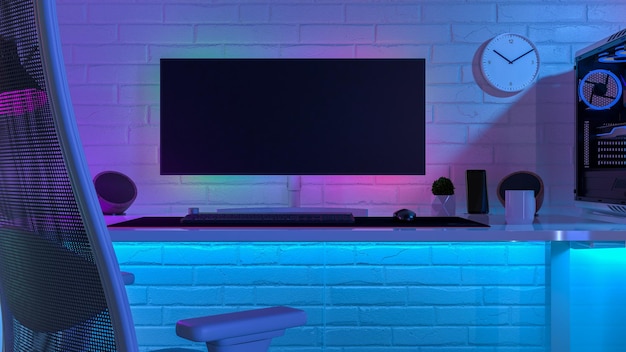 Escritorio de trabajo rodeado de luces LED de colores renderizado 3D