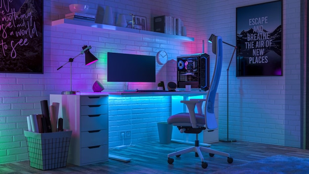 Escritorio de trabajo rodeado de luces LED de colores renderizado 3D