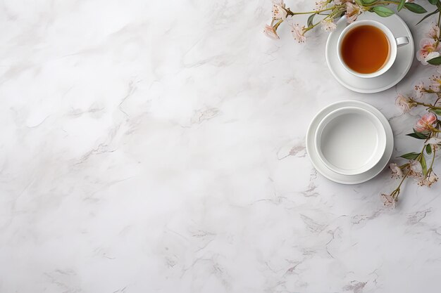 Un escritorio vacío con una taza de té