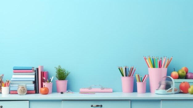 Un escritorio con una variedad de papelería en vasos rosados