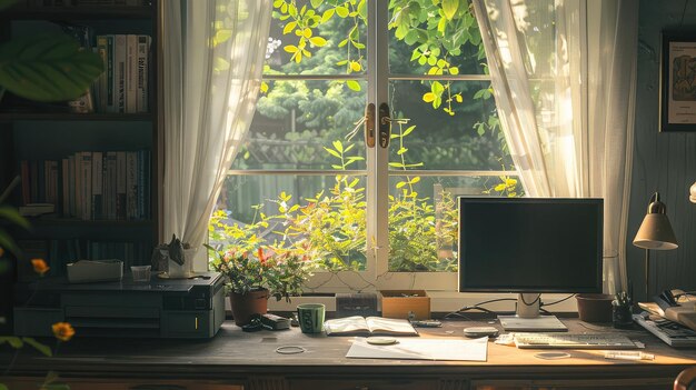 escritorio y ventana de la mañana