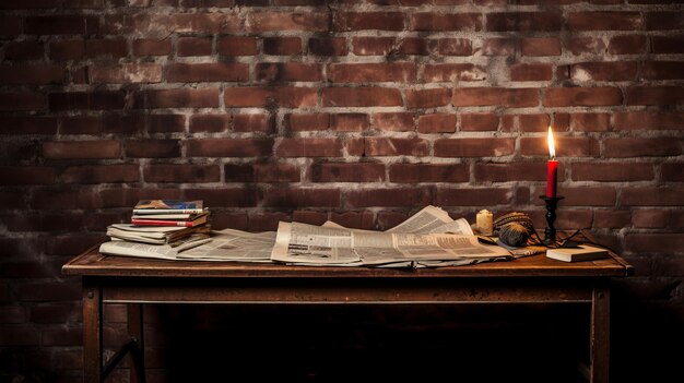 Escritorio vintage con una pila de libros viejos y una vela en el fondo de la pared de ladrillo