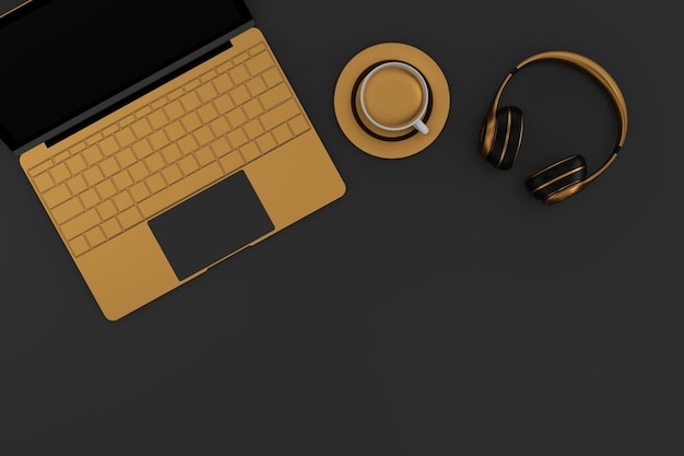 Escritorio de vista superior con auriculares de teléfono portátil renderizado 3d