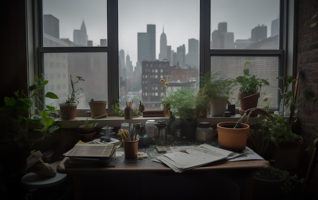 Un escritorio con vistas a Manhattan al fondo.