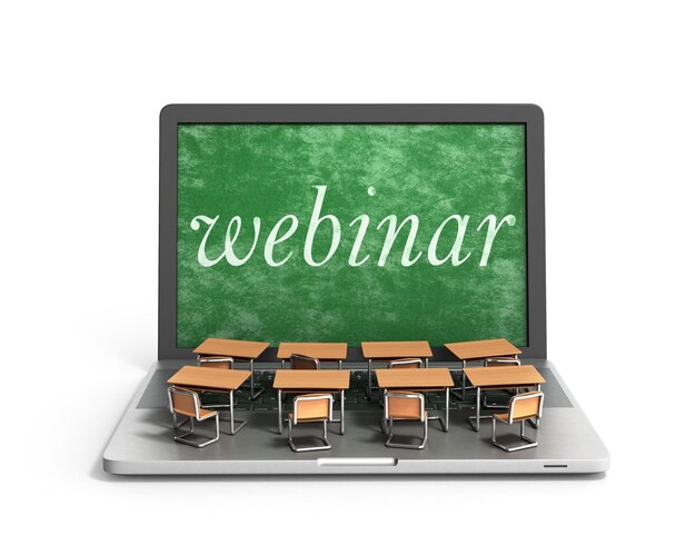 Escritorios escolares de concepto de educación en línea de elearning en el teclado de la computadora portátil 3d render