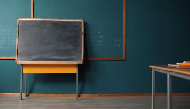 Escritorios y sillas de madera en un aula vacía generados por IA