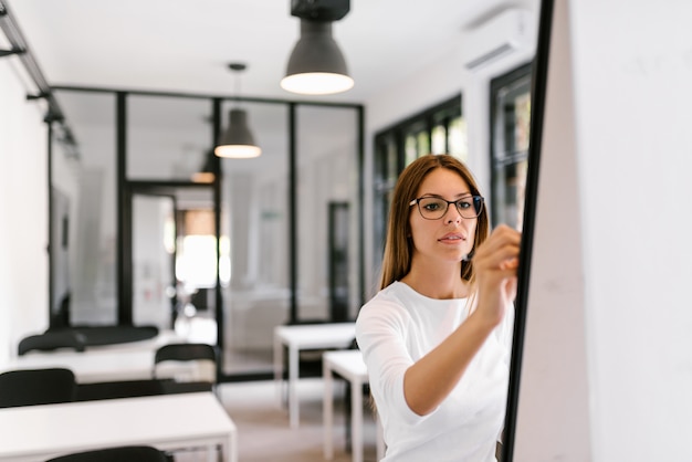 Foto escritura de la mujer joven en el tablero blanco.