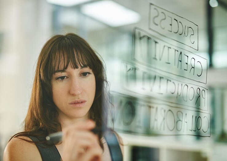 Foto escritura pensamiento y mujer de negocios planificación guión gráfico notas para idea éxito o productividad agenda de vidrio y gerente con agencia creativa recordatorio de objetivos colaboración o motivación