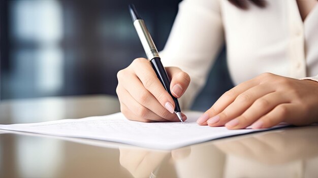 Escritura profesional Primer plano de una mujer joven adulta con una pluma en la mano y dedicada a escribir creando un estandarte en el espacio de trabajo