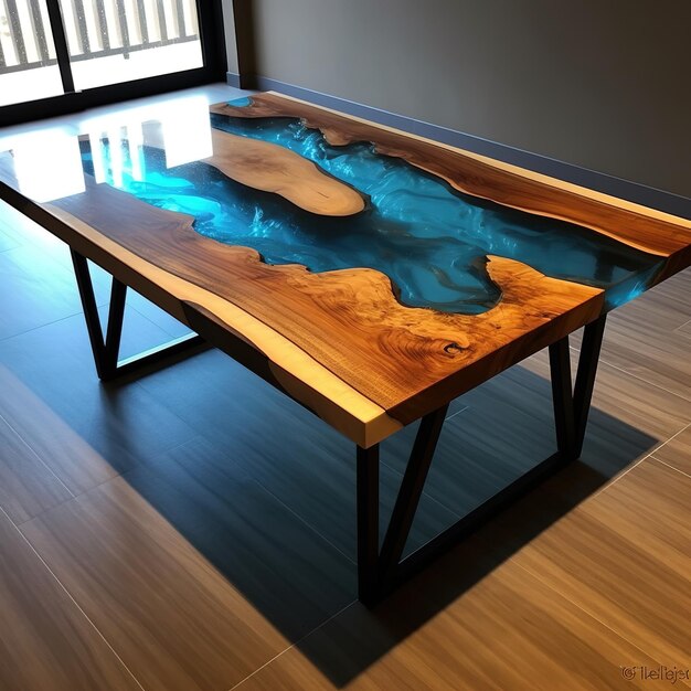 escrivaninha mesa de rio em epóxi posicionada em um quarto contemporâneo