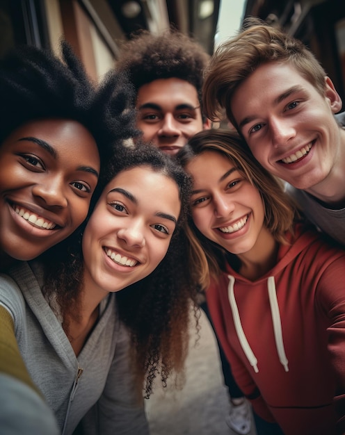 Escuadrón de adolescentes Selfie interracial alegre de amigos adolescentes sonrientes