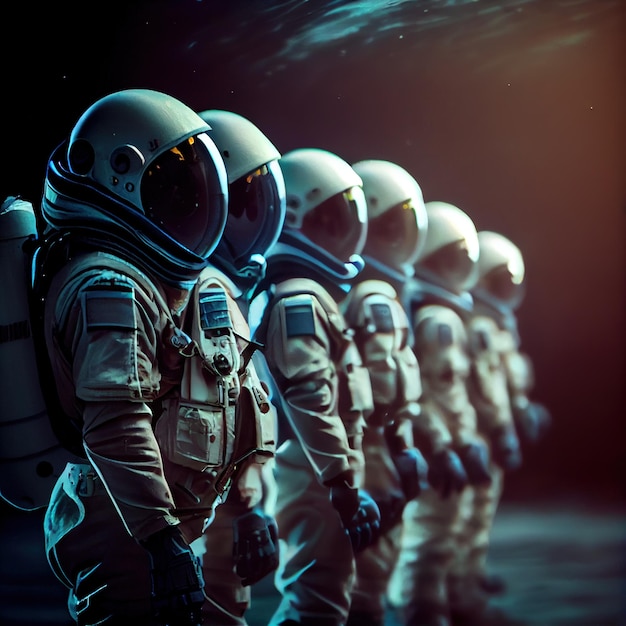Un escuadrón de astronautas en traje espacial Astronautas de alta tecnología del futuro