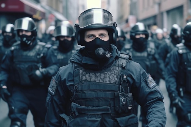 Escuadrón de policía con uniforme en la calle de la ciudad IA generativa