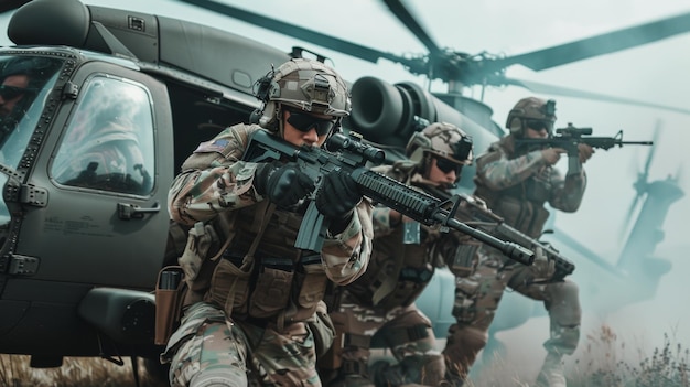 Foto escuadrón de soldados saliendo de un helicóptero en equipo táctico