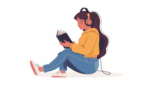 Escucha de audiolibros por parte de estudiantes Mujer leyendo una novela con auriculares sobre el concepto de educación de estudio de conocimiento Ilustración moderna plana aislada en blanco