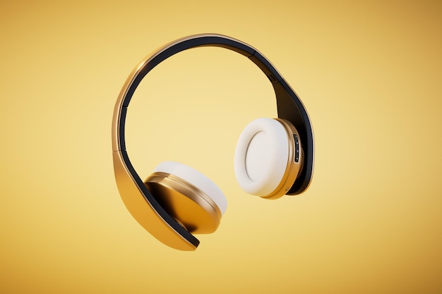 Escuchar música en auriculares con auriculares en un render 3D de fondo amarillo