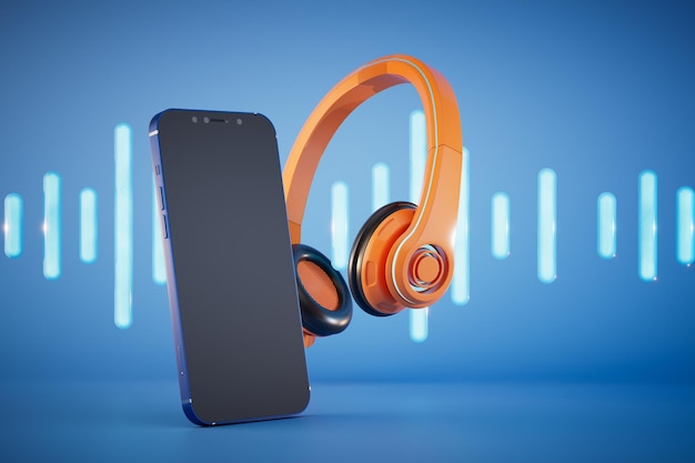 Escuchar música en auriculares, auriculares para teléfonos inteligentes y pista de música sobre fondo azul 3D Render