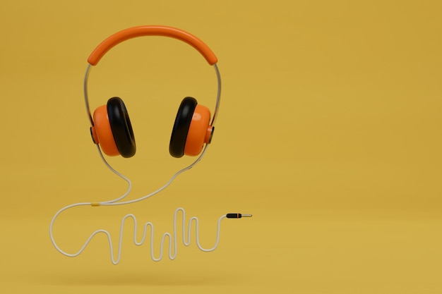 Escuchar tu música favorita con auriculares Auriculares con cable naranja sobre un fondo amarillo