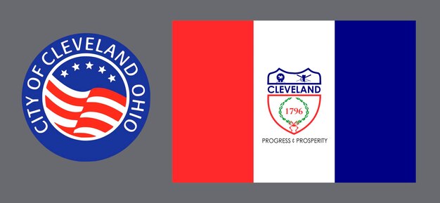 Escudo de armas y bandera de la ciudad estadounidense Cleveland Fondo para diseñadores