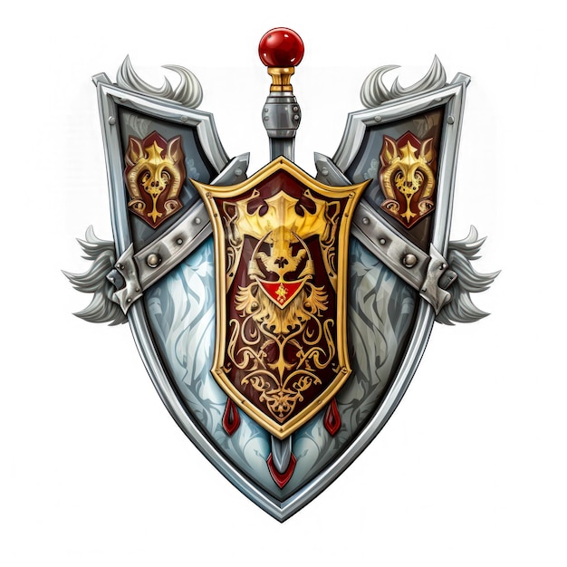 Escudo de armas de caballeros medievales aislados en fondo blanco Viejos símbolos de armadura y armas