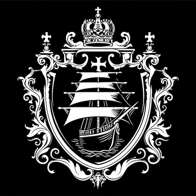 Escudo de armas del Conquistador Logotipo con barco y cruz para decoración Camiseta Tatuaje Tinta Contorno Diseño CNC
