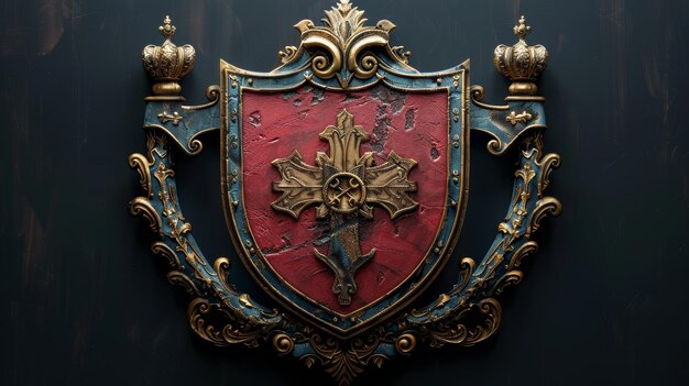 El escudo de armas medieval con escudo rojo y cuchillas cruzadas doradas está ilustrado en 3D digitalmente